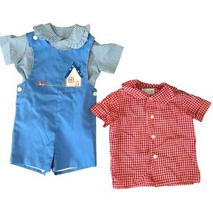 Vintage Unisex Toddler 3pc Jon Jon Romper Set Embroidered Mushroom House EUC